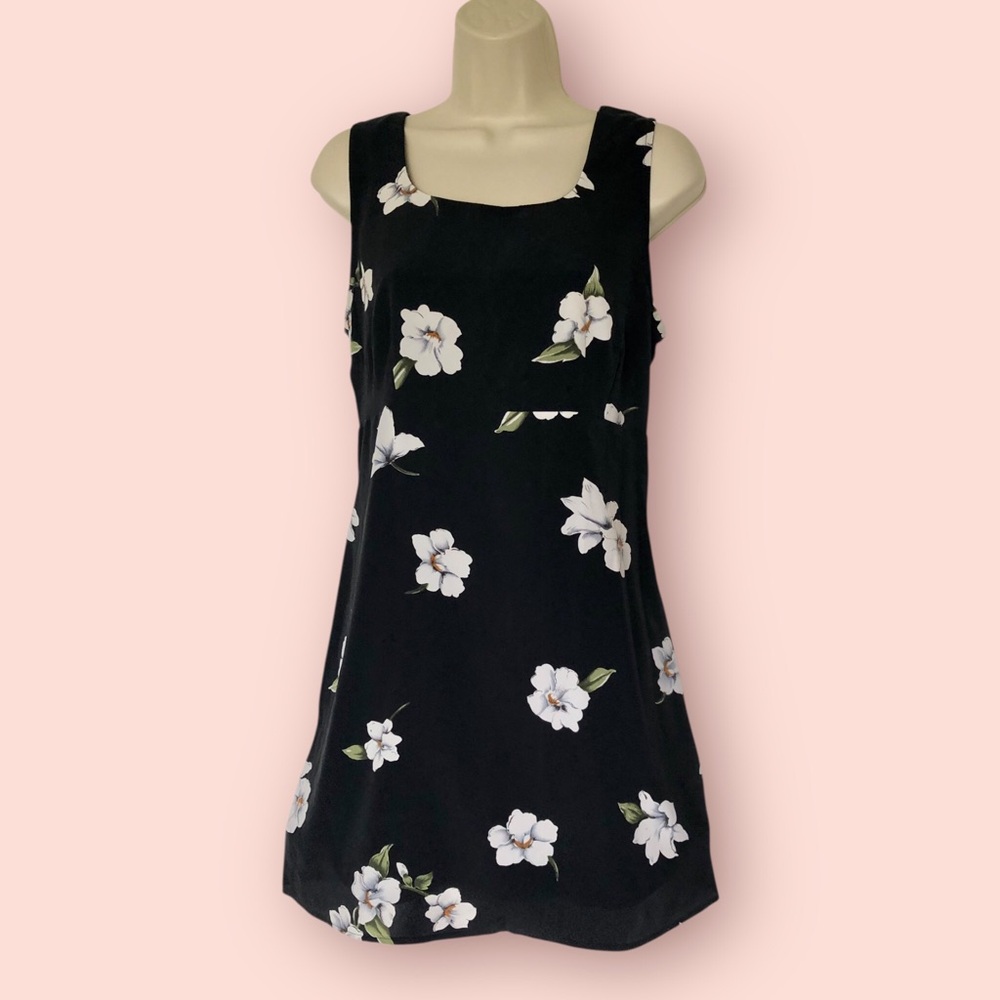 SENSE Vintage 70s 80s 90s Floral Black Mini Dress Large Milkmaid Peasant